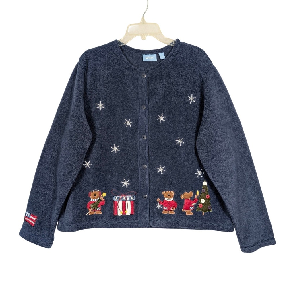 L Croft & Barrow Patriotic Christmas Bear Blue Fleece Cardigan Snowflakes